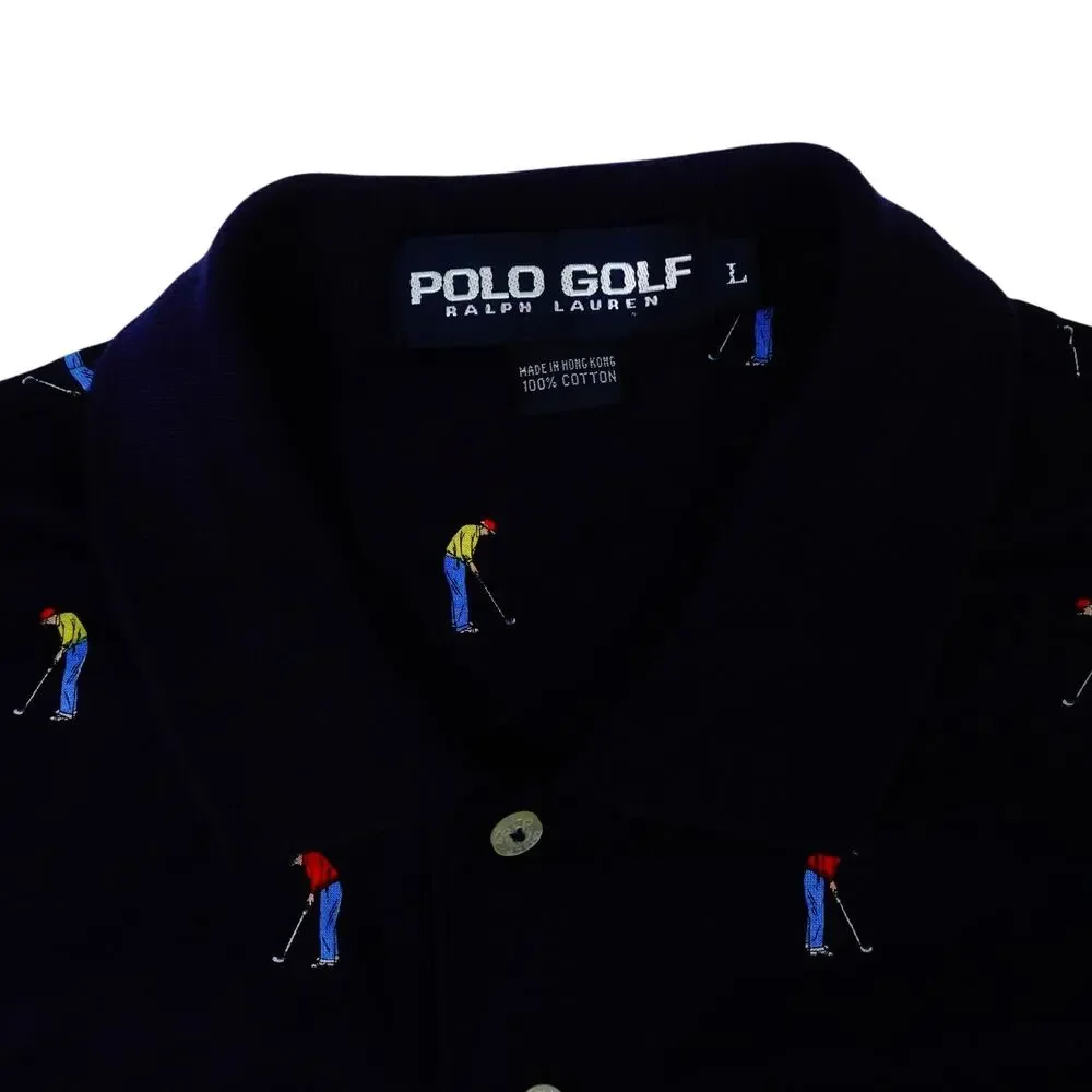 Ralph Lauren Vintage Hong Kong 90s Golfer Geometric Print Golf Polo Shirt Large